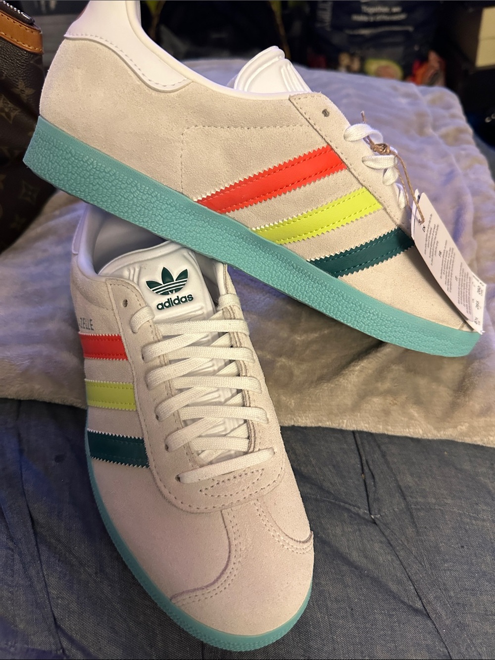 adidas White Sneakers with Orange, Yellow and Teal Stripes